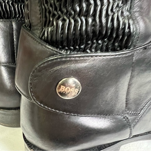 Hugo Boss Dress Knee High Black Leather Stretchy Calf Zip Boots 38 Almond Toe 8 - Picture 5 of 15